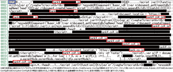 図-14 取得したvawtrakのDynamic Configの一部（復号済み・赤枠部は国内の金融機関などのサービスを示すURL）